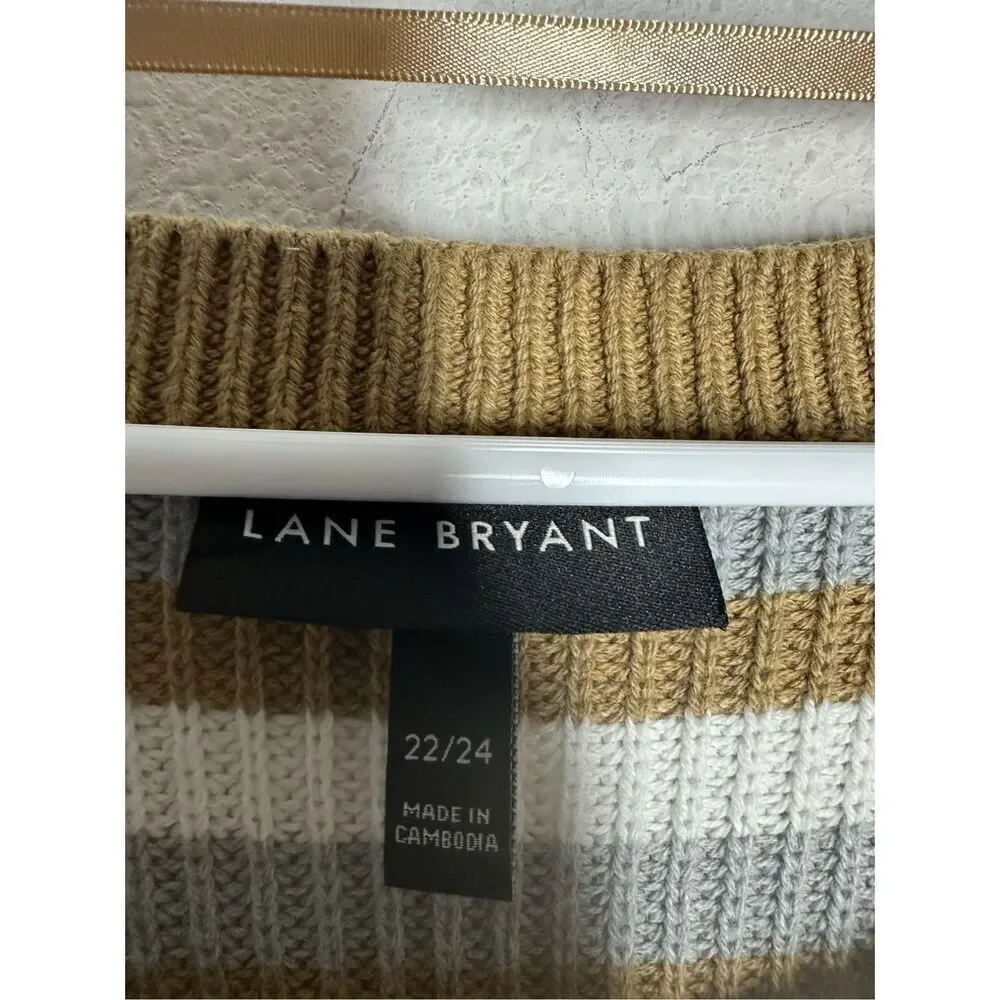 Lane Bryant Women's Curved-Hem Ribbed Sweater Tan/Gray  Sz 22/24 Cotton Blend